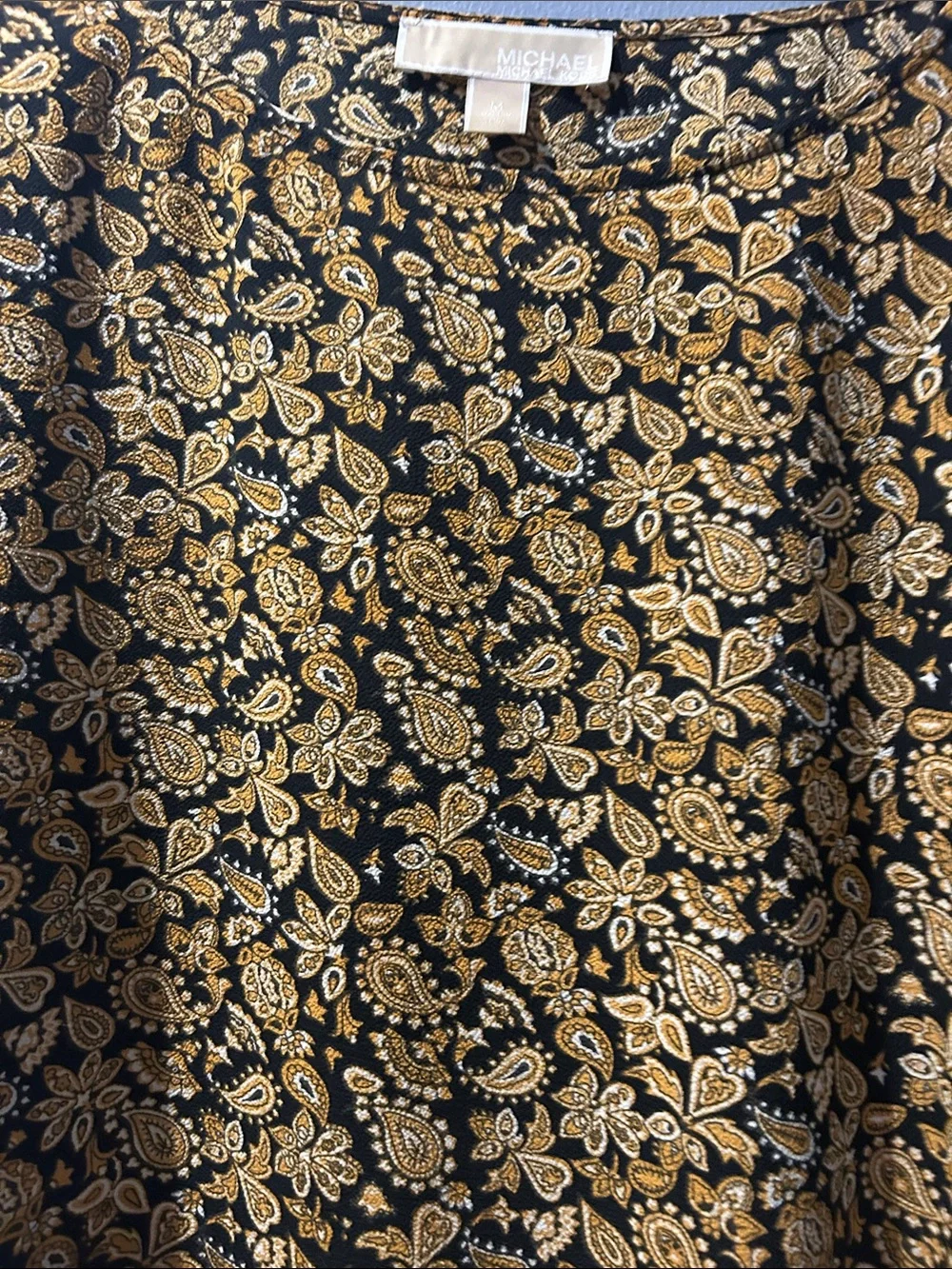 Michael Kors Black Top with Gold Floral Print and Side Tie